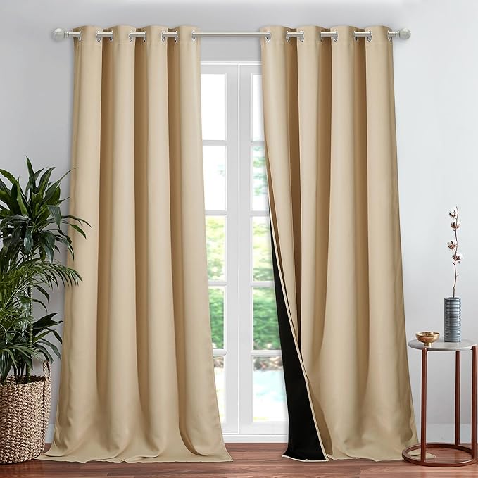 NICETOWN Thermal Insulated 100% Blackout Curtain, Biscotti Beige, 1 PC, 52 inches x 90 inches, Noise Reducing Performance Drape with Black Lining, Full Light Blocking Drapery Panel for Patio