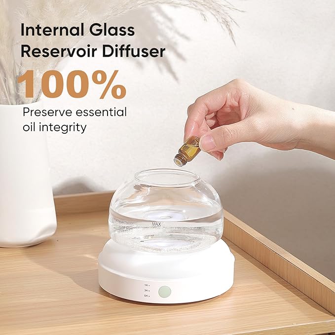 Glass Essential Oil Diffuser, 200ml Ultrasonic Aroma Diffusers with Glass Reservoir Dome & White Plastic Base Lock Color Auto-Off Timer 7 Color Light for Home Office Bedroom Yoga