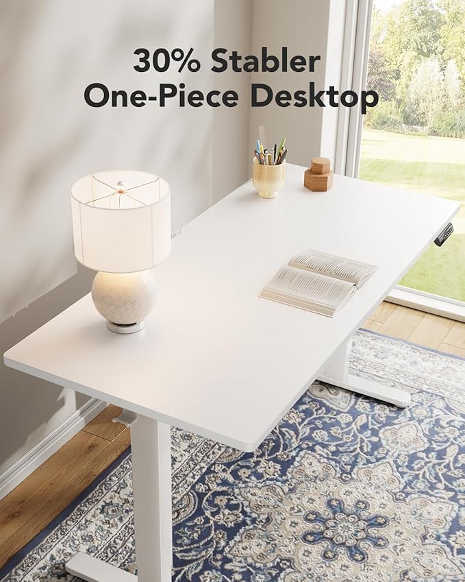 HUANUO Electric Standing Desk, 60" x 24" Whole Piece Desktop, Adjustable Height Computer Desk, 4 Height Memory Settings, Sit Stand Up Desk for Home Office, White