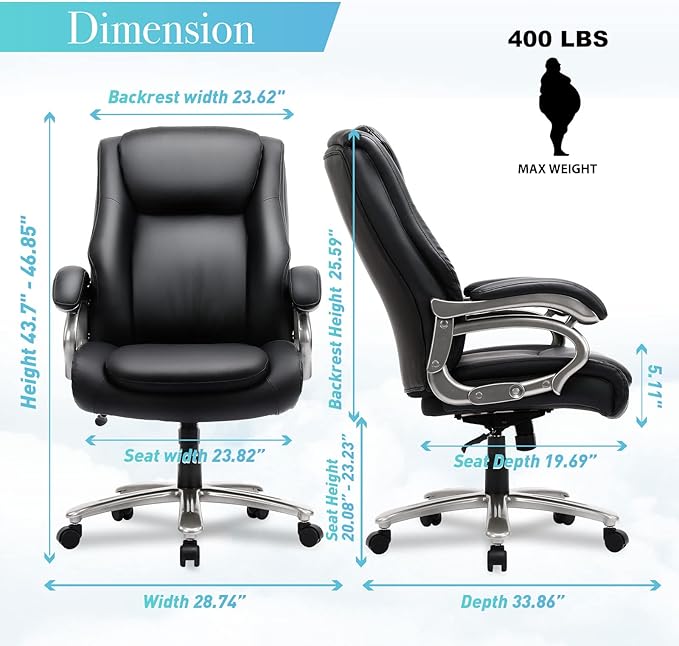 COLAMY Big & Tall Office Chair 400lbs Wide Seat- High Back PU Leather Executive Computer Desk Chair for Heavy People, Large Office Chair with Metal Base & Ergonomic Back Support- Black