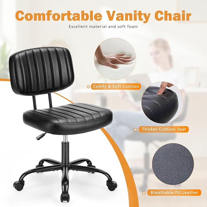 Sweetcrispy Small Office Desk Chair with Wheels Armless Comfy Computer Chair with Lumbar Support, PU Leather Low Back Adjustable Height 360° Rolling Swivel Task Chair Without Arm for Home, Bedroom