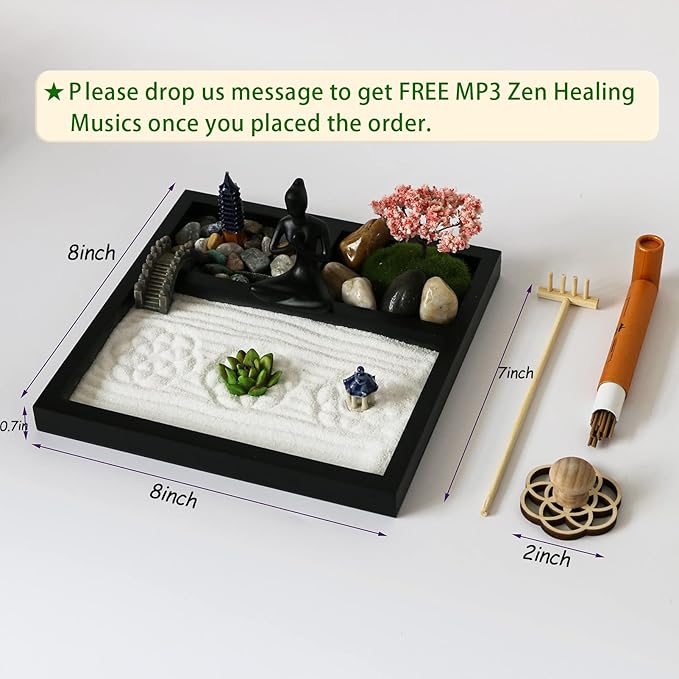 Desktop Meditation Yoga Zen Garden Kit Japanese Tabletop Rock Sand Chakra Shrine Altar Japanese Zen Decor Home Office Desk Zen Gifts for Women Man Birthday w/Rake Tool Accessories Bonsai