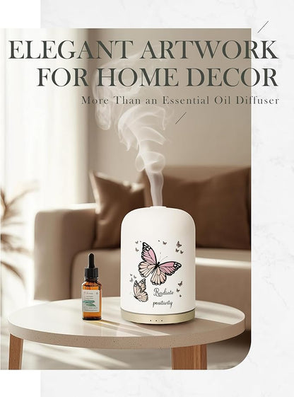 110ML Essential Oil Diffuser, Ceramic Diffusers for Essential Oils Large Room, Fragrance Aroma Diffuser with USB Cable, Warm Night Light and Auto-Off for Home Office Yoga Pilates,Butterflies