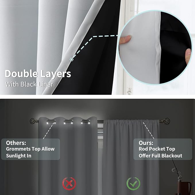 BGment Blackout Curtains for Bedroom 45 Inch Length, Rod Pocket 100% Blackout Curtains with Thermal Liner Darkening Curtains for Living Room, Each Drapes 2 Panels, 42 x 45 Inch, Greyish White