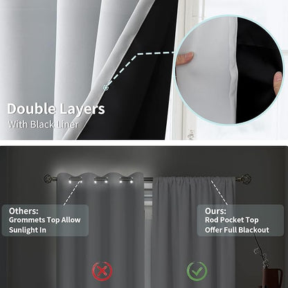 BGment Thermal Insulated 100% Blackout Curtains for Bedroom with Black Liner, Double Layer Full Room Darkening Noise Reducing Rod Pocket Curtain (52 x 54 Inch, Greyish White, 2 Panels)