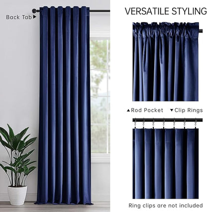 Topfinel Navy Blue Velvet Curtains 108 Inches Long for Living Room,Blackout Back Tab Thermal Insulated Heavy Curtains for Bedroom,W52 x L108 Inches,2 Panels,9FT