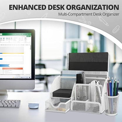 Flexzion Desk Top Caddy Organizer - White Office Desk Accessories Organizer and Storage - Metal Mesh Desk with 6 Compartments, Drawer and Pen Holder