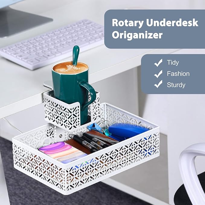 Under Desk Drawer Organizer Clip-on Cup Holder Under Desk Storage Drawers Rotated Under Table Drawer for Desk Organizer Clamp Phone Holder Paper Drawer (White)