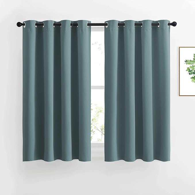 NICETOWN Blackout Kitchen Curtains 45 inch Length - Grommet Thermal Insulated Solid Vertical Drapes Room Darkening Sound Reducing for Bedroom, Greyish Blue, Set of 2, W52 x L45