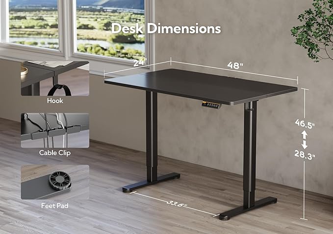 Electric Standing Desk, Adjustable Height Stand up Desk, 48x24 Inches Sit Stand Home Office Desk with Splice Board, Black Frame/Black Top