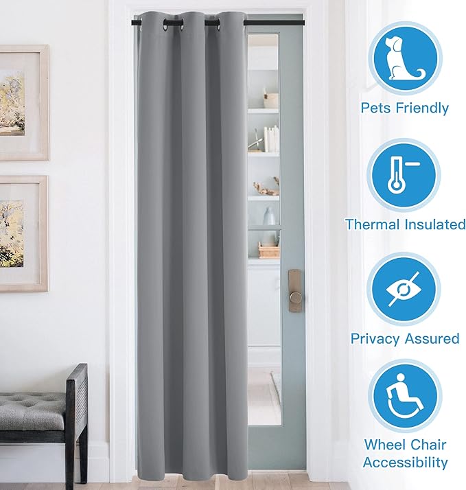 RYB HOME Blackout Curtains Thermal Insulating Privacy Temporary Door Curtains for Bedroom Closet Doorway Accordion Door Interior Living Room Kids Nursery Dining, Wide 60 x Long 90 inch, Light Grey