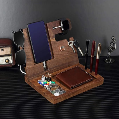 awofer Gifts for Men - Ebony Wood Phone Docking Station - Nightstand with Key Holder, Wallet Stand and Watch Organizer to Boyfriend Husband Wife Dad for Anniversary Birthday Christmas