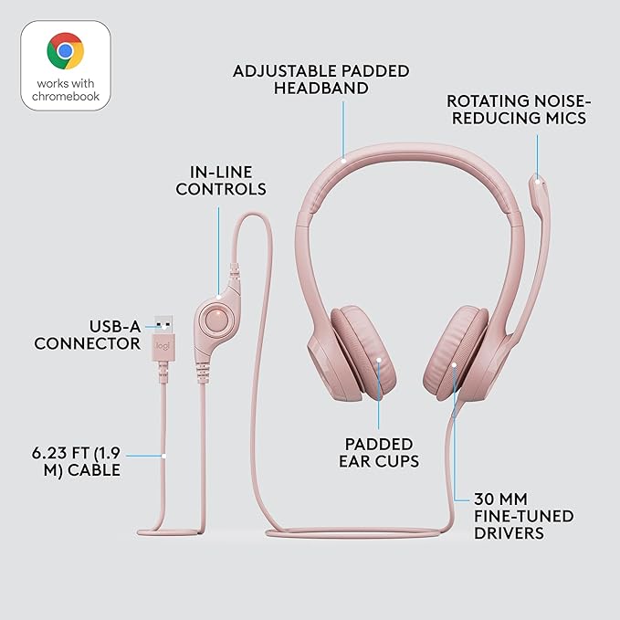 Logitech H390 Wired Headset for PC/Laptop, Stereo Headphones with Noise Cancelling Microphone, USB-A, in-Line Controls for Video Meetings, Music, Gaming and Beyond - Rose