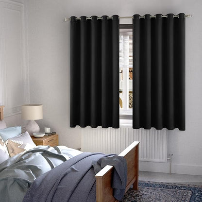 Extra Wide 100% Blackout Curtains for Bedroom 63 Inch Length 2 Panels Set, Thermal Insulated Full Light Blocking Soundproof Grommet Window Curtains for Living Room, Each 60 Inch Wide, Black