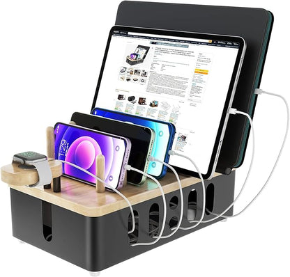 Metal Charging Station for Multiple Devices,New Upgrade Wood Charging Station for Phone Tablet Smart Watch Holder Desk Organizers，Matte Black Dock Device Organizer