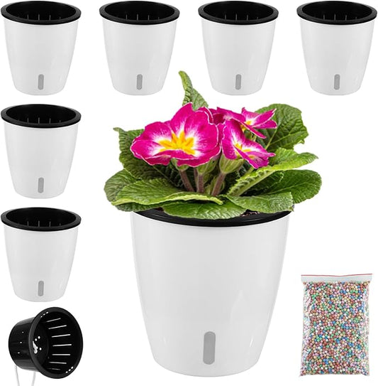 6 Packs White Self Watering Pots for Indoor Plants with Water Indicator and Black Wick Pots, 5 Inch African Violet Pots, Self Watering Planters for Devil's Ivy, Indoor Plant Pots for Orchid