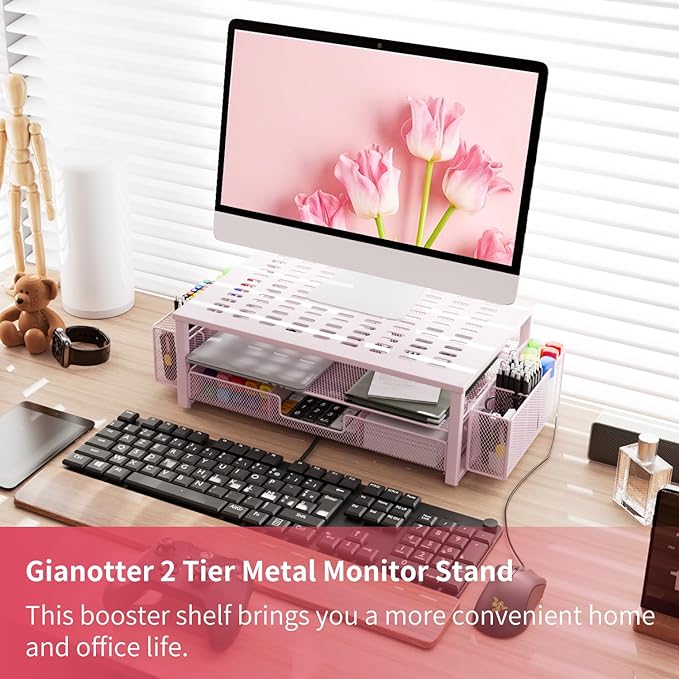 gianotter Monitor Stand with Drawer and Pen Holder, Desk Organizers and Accessories, 2-Tier Monitor Riser, Pink Office Decor for Women(Pink)