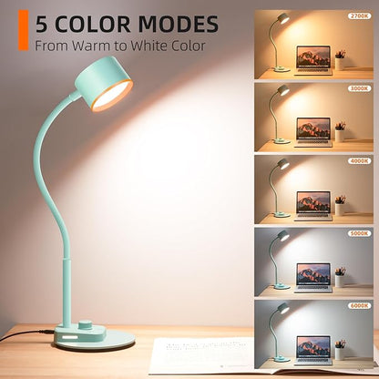 Desk Lamp, Fully Dimmable Bedside Reading Lamp with USB C + A Charging Ports, 5 Colors, Simple to Operate, Eye Care Metal Table Lamp Efficient Gooseneck Desk Lamps for Home Office College Dorm Room