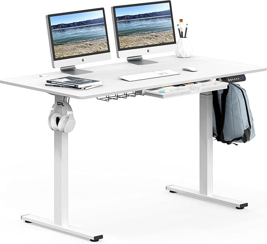 SHW Electric Height Adjustable Standing Desk with Hanging Hooks and Cable Management, 55 x 28 Inches, White