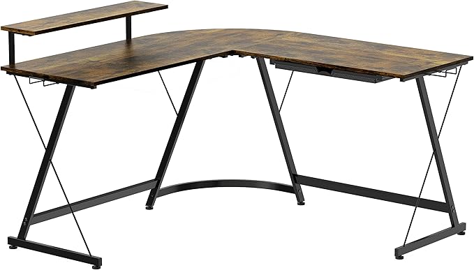 SHW Vista L-Shape Desk with Monitor Stand, Rustic Brown