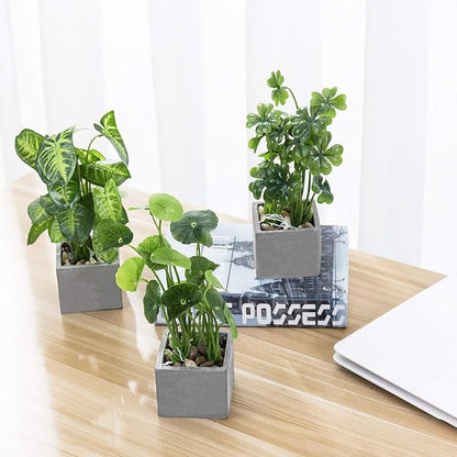 MyGift Artificial Assorted Plants Faux Tabletop Greenery in Gray Cement Square Pots, Set of 3