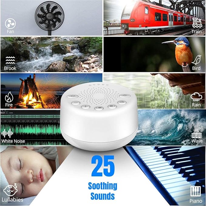 Sound Machine Easysleep White Noise Machine with 25 Soothing Sounds and Night Lights with Memory Function 32 Levels of Volume and 5 Sleep Timer Powered by AC or USB for Sleeping Relaxation (White)