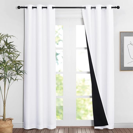 NICETOWN White Blackout Curtains 84 inches Long, Full Light Blocking Drapes with Black Liner for Nursery, Noise Reducing Thermal Insulated Draperies for Doorway (2 Pieces, 37" Wide Each Panel)