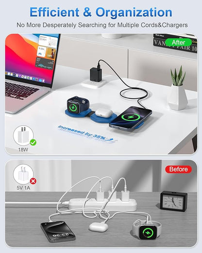 3 in 1 Charging Station for Apple MagSafe Charger, Foldable Magnetic Wireless Travel Charger Multiple Devices, Charging Pad for iPhone 16 15 14 13 12 Pro Max Plus Apple Watch & AirPod