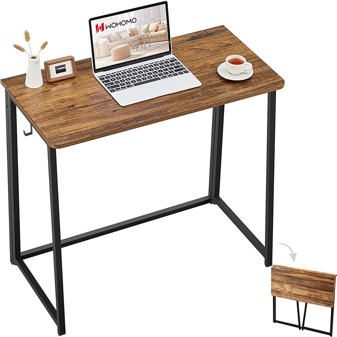 WOHOMO Folding Computer Desk, Small Writing Desk 31.5", Space-Saving Foldable Laptop Table Writing Workstation for Home Office, Easy Assembly, Rustic Walnut