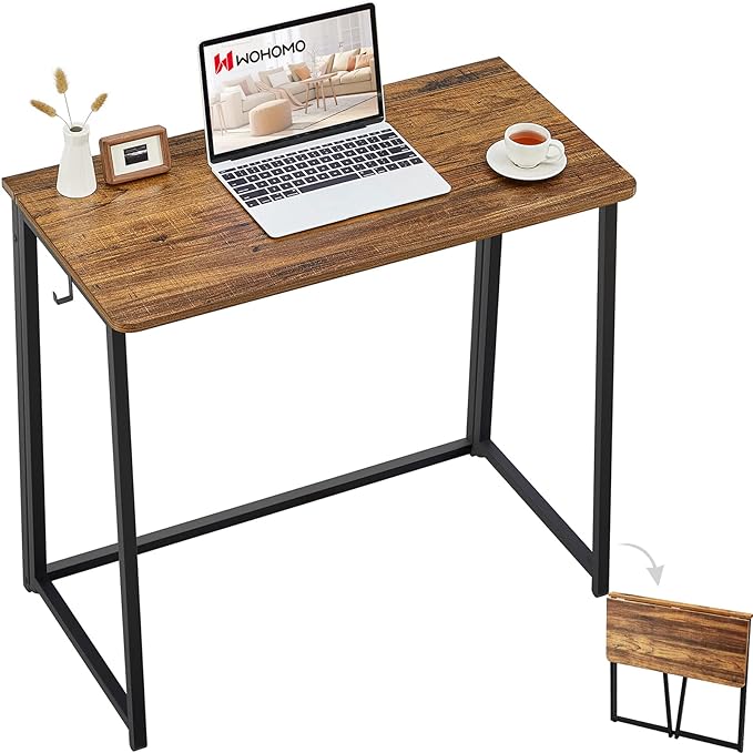 WOHOMO Folding Desk, Small Writing Desk 39.4", Space-Saving Foldable Laptop Table Writing Workstation for Home Office, Easy Assembly, Rustic Walnut