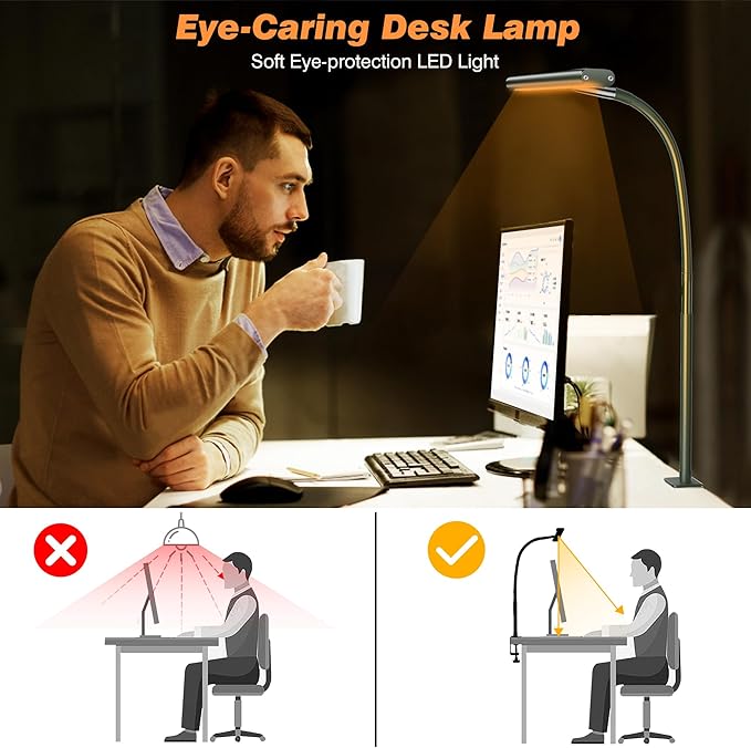 LED Desk Lamp for Office Home, Eye-Caring Desk Light with Stepless Dimming Adjustable Flexible Gooseneck, 10W USB Adapter Desk Lamp with Clamp for Reading, Study, Workbench (Green)