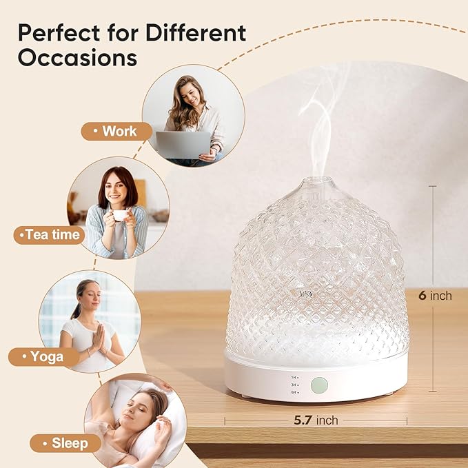 Glass Essential Oil Diffuser, 200ml Ultrasonic Aroma Diffusers with Glass Reservoir Dome & White Plastic Base Lock Color Auto-Off Timer 7 Color Light for Home Office Bedroom Yoga