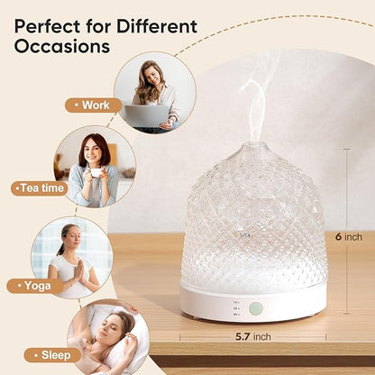 Glass Essential Oil Diffuser, 200ml Ultrasonic Aroma Diffusers with Glass Reservoir Dome & White Plastic Base Lock Color Auto-Off Timer 7 Color Light for Home Office Bedroom Yoga