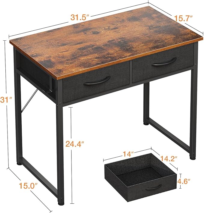 ODK Small Desk with Fabric Drawers- for Bedroom, Vanity Desk with Storage, Home Office Computer Desk for Small Spaces, 32 Inch Modern Work Writing Study Table, Vintage