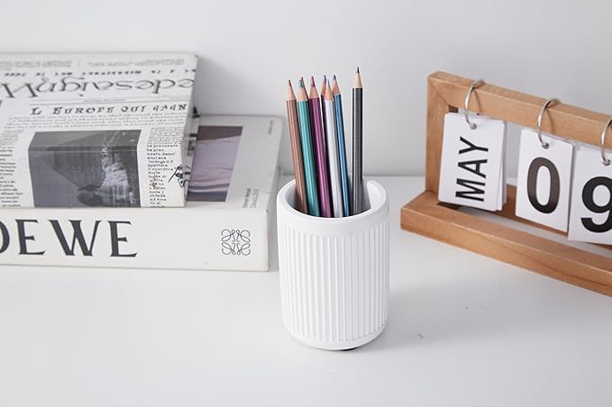 Modern Concrete Pen Holder for Desk - Aesthetic Handmade Fluted Cement Pencil Holder - Cute Striped Pen Cup Organizer - Minimalist Office Decor - Makeup Brush Holder - 1 PC- White