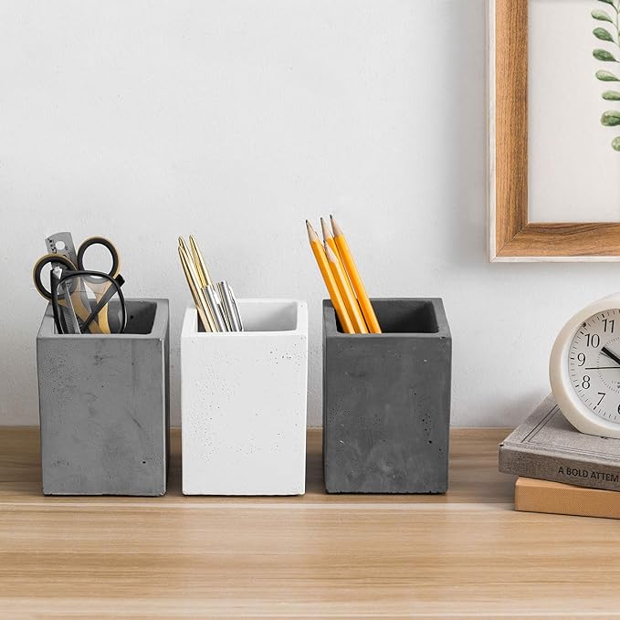 MyGift Modern Gray-Tone Concrete Desktop Pencil Holder Cup and Pen Holder, Office Stationery Organizer, Set of 3