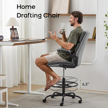 Drafting Chair Tall Office Chair with Padded Flip-up Armrests Executive Ergonomic Computer Standing Desk Chair with Comfortable Leather Backrest and Adjustable Footrest Ring (Gray)