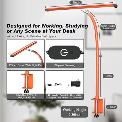 LED Desk Lamp for Office Home, Eye-Caring Desk Light with Stepless Dimming Adjustable Flexible Gooseneck, 10W USB Adapter Desk Lamp with Clamp for Reading, Study, Workbench (Orange)