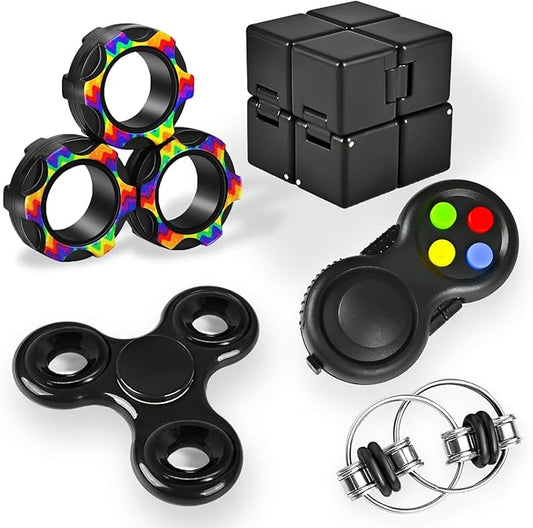 5Pcs Fidget Toys Adults Set, Autism Sensory Pack with figette Cube Magnetic Rings Pad ADHD Stress Relief for Kids Teen, Cool Gadget Desk Spinner Christmas Stocking Stuffer