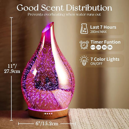 Porseme 280ml Essential Oil Diffuser, 3D Glass Aromatherapy Diffusor, Ultrasonic Cool Mist BPA Free Aroma Humidifier with Timer and Color Changing Function, Waterless Shut-Off for Home Office Room