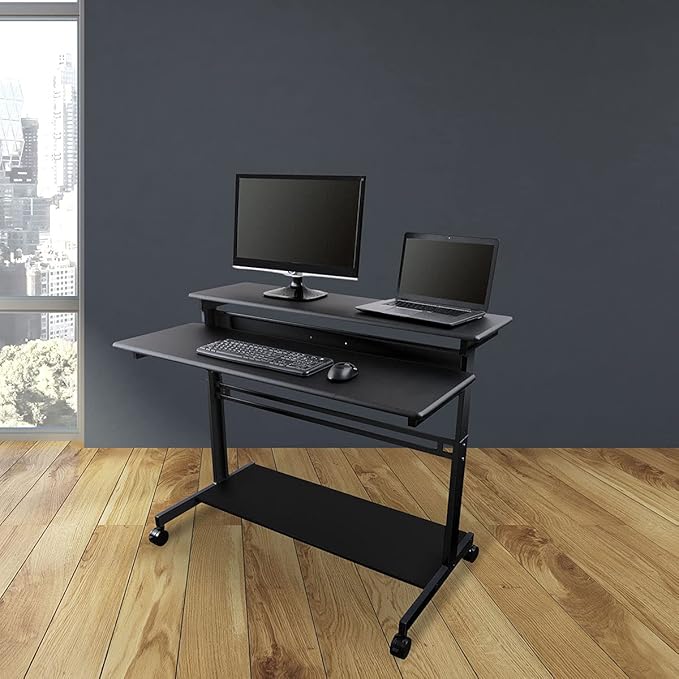 Stand Up Desk Store Rolling Adjustable Height Two Tier Standing Desk Computer Workstation (Black Frame/Black Top, 48" Wide)