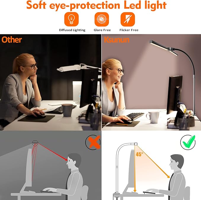 Double Head LED Desk Lamp, Architect Desk Lamps for Home Office, 24W Brightest Workbench Office Lighting-5 Color Modes and 5 Dimmable Eye Protection Modern Desk Lamp for Monitor Reading