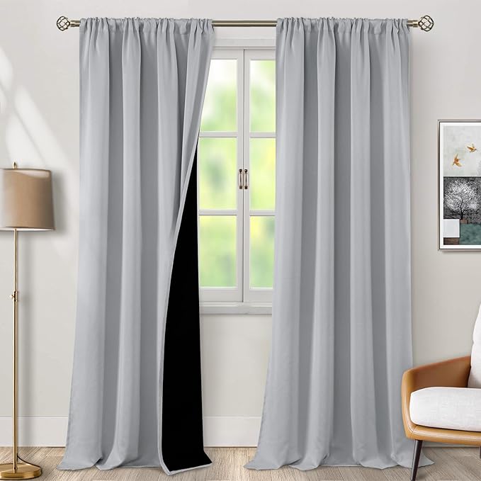 BGment Full Blackout Living Room Curtains, Extra Long Thermal Insulated 100% Room Darkening Noise Cancelling Heavy Window Curtains for Bedroom with Rod Pocket, 2 Panels, Light Grey, 52 x 108 Inch