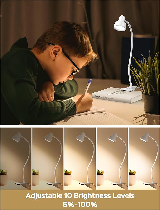 Clip on Lamp USB Reading Light, 3 Color Modes, 10 Brightness Dimmable, Flexible Gooseneck Desk Lamp with Clamp, Eye Care Clip on Light for Bed Desk Headboard Home Dorm White