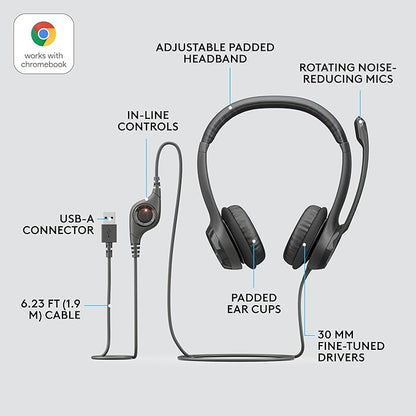 Logitech H390 Wired Headset for PC/Laptop, Stereo Headphones with Noise Cancelling Microphone, USB-A, in-Line Controls for Video Meetings, Music, Gaming and Beyond - Black