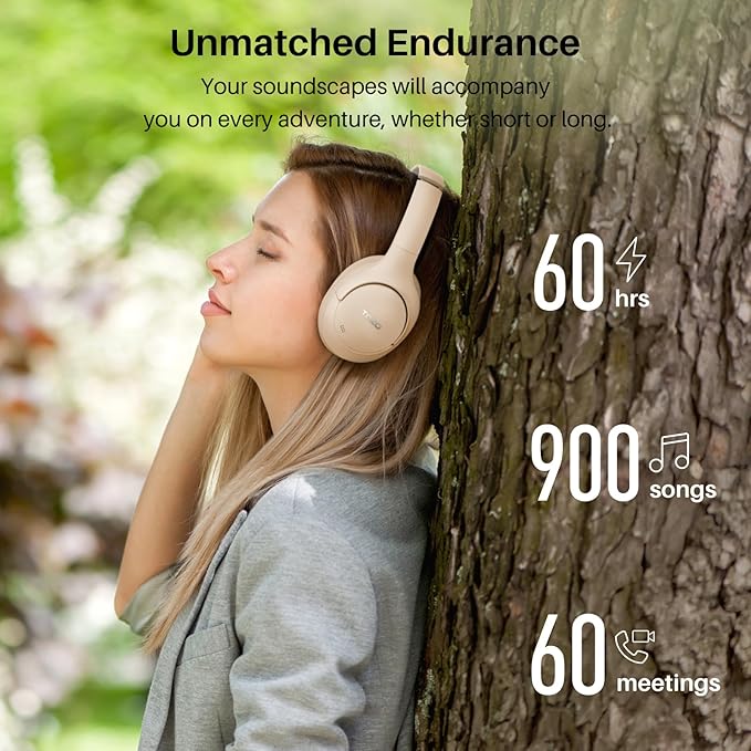 TOZO HT2 Hybrid Active Noise Cancelling Headphones, Wireless Over Ear Bluetooth Headphones, 60H Playtime, Hi-Res Audio Custom EQ via App Deep Bass Comfort Fit Ear Cups, for Home Office Travel Khaki