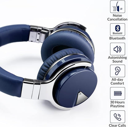 Silensys E7 Active Noise Cancelling Headphones Bluetooth Headphones with Microphone Deep Bass Wireless Headphones Over Ear, Comfortable Protein Earpads, 30 Hours Playtime for Travel/Work, Navy