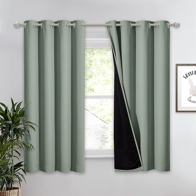 NICETOWN Greyish Green 100% Blackout Lined Curtain, 2 Thick Layers Completely Blackout Window Treatment Thermal Insulated Drape for Kitchen/Bedroom (1 PC, 52" Width x 63" Length Each Panel)