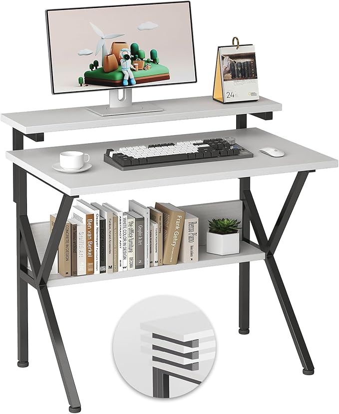 COTUBLR Small Desk, Small Computer Desk for Small Spaces, 27.5 Inch Computer Desk with Adjustable Monitor Stand, Compact Desk with Storage for Bedroom Home Office, White Tabletop+Black Frame