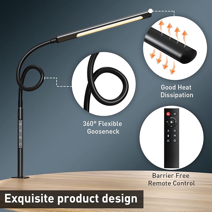 Swing Arm Desk Light with Remote Control, Eye-Caring Gooseneck Desk Lamp, Adjustable Brightness & Color Temperatures, Modern LED Clamp Light with Memory & Timer Function, 12W, Matteblack